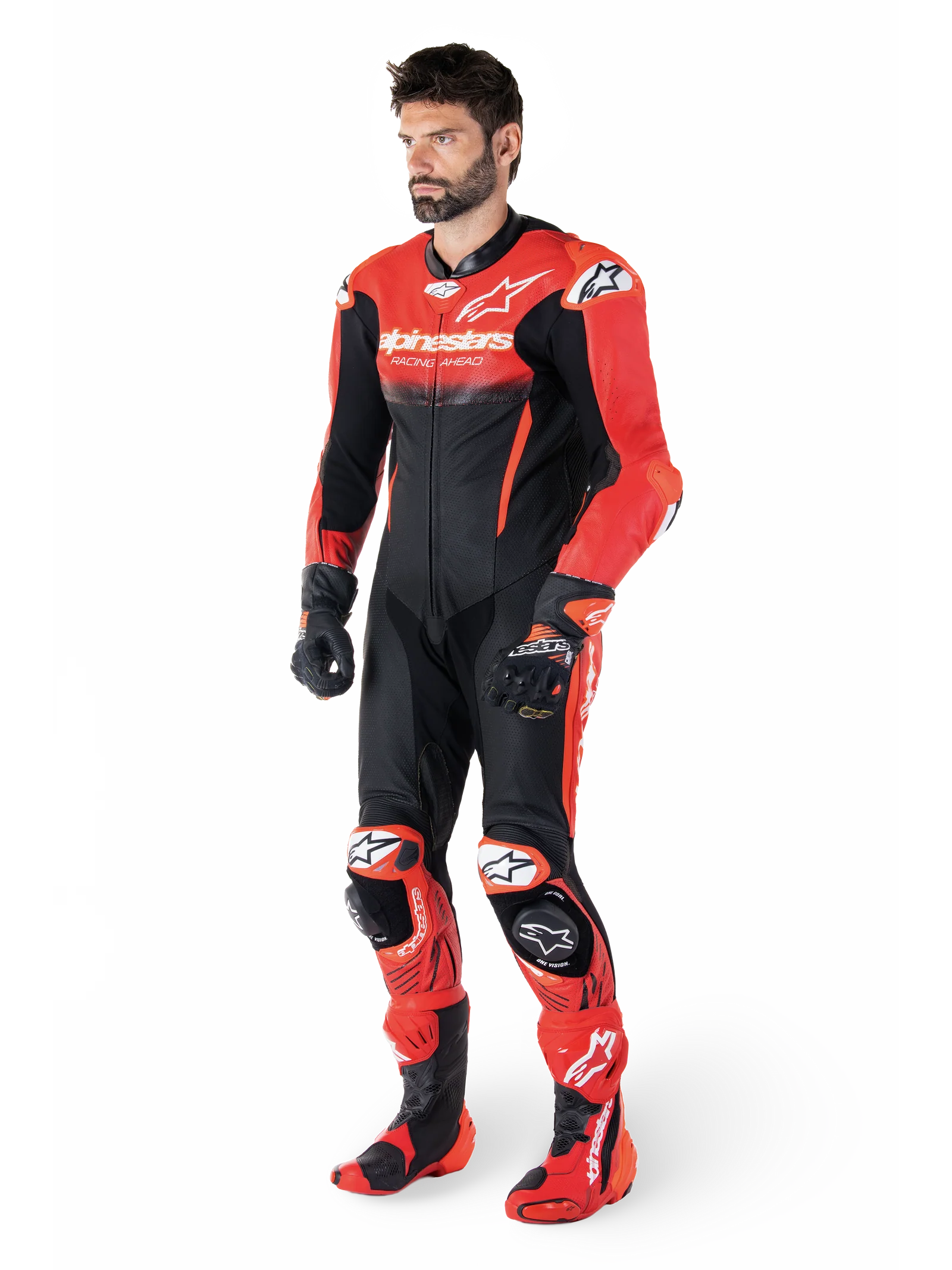 GP-R7 One Piece Leather Suit - Black/Mid Red